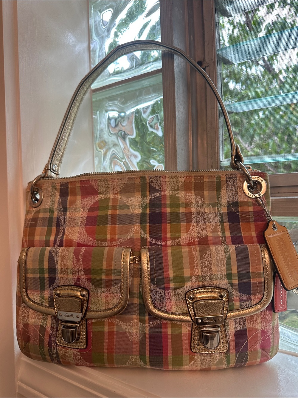 Coach Poppy Madras Multicolor Plaid Shoulder Bag with Silver Trim